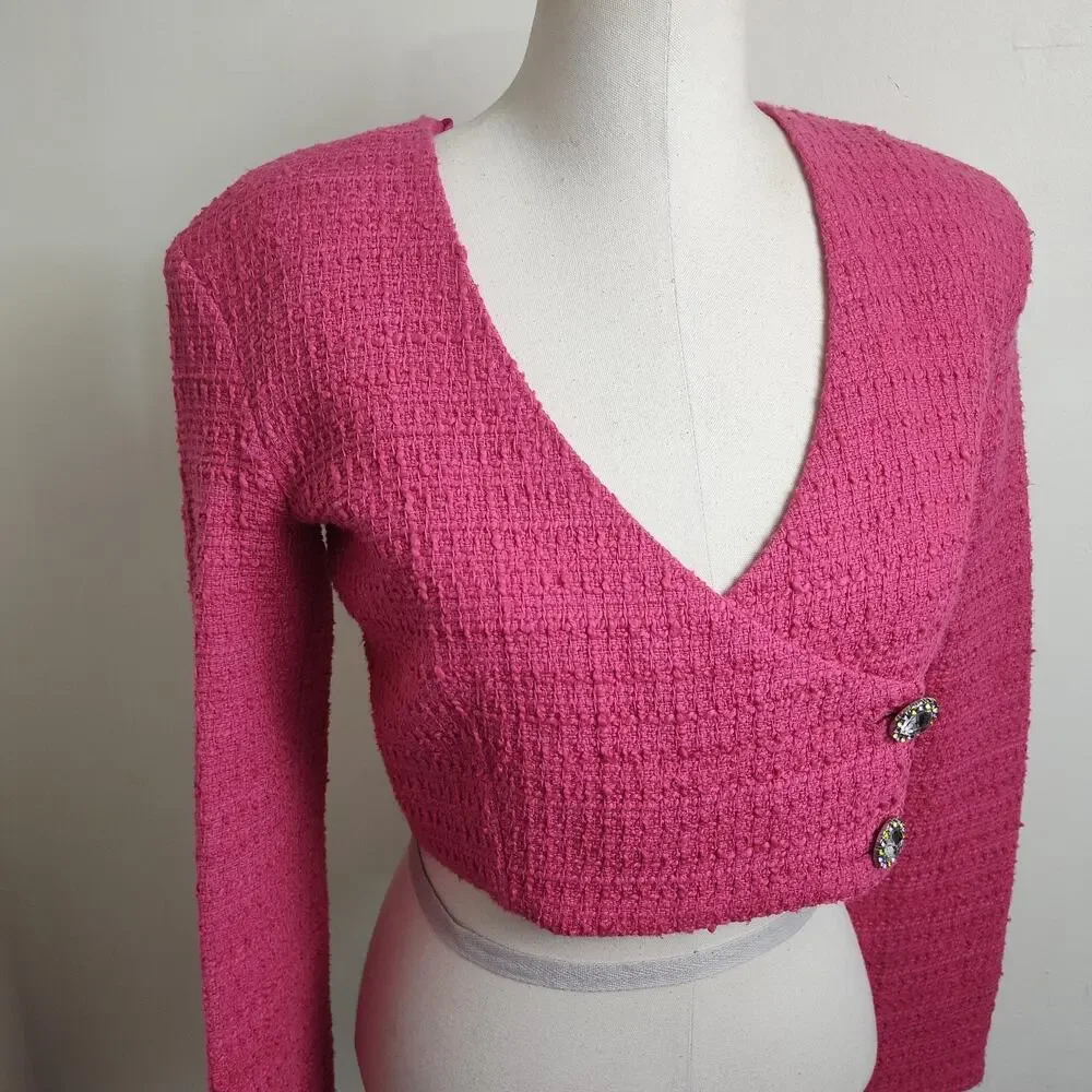 Zara Blouse Womens Medium Pink Cropped V Neck Rhinestone Button Long Sleeve NWT